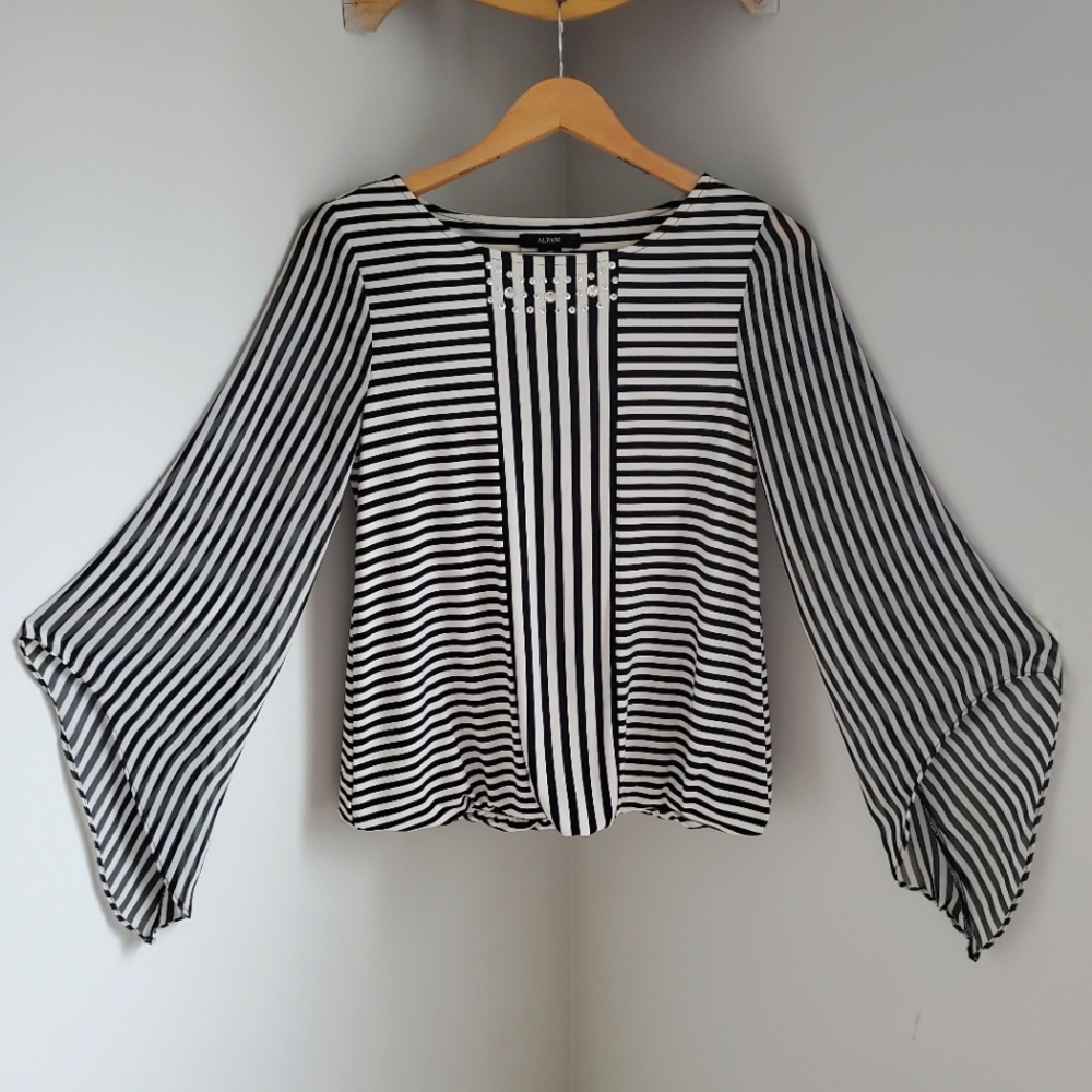 Alfani Striped Top With Sheer Sleeves and Beading.
